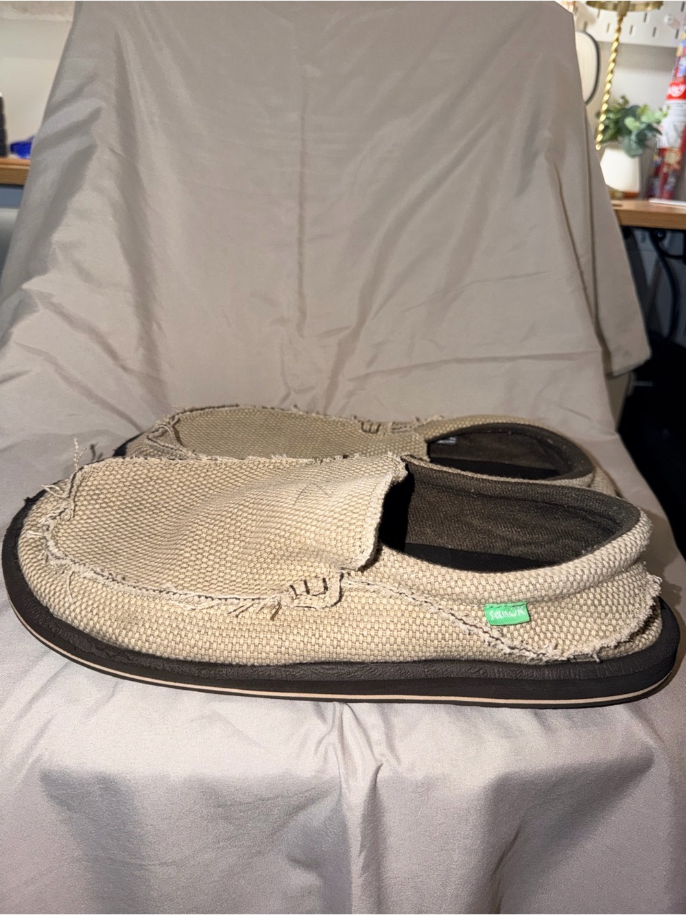 Sanuk Men's Beige Canvas Slip-On Shoes Size 12